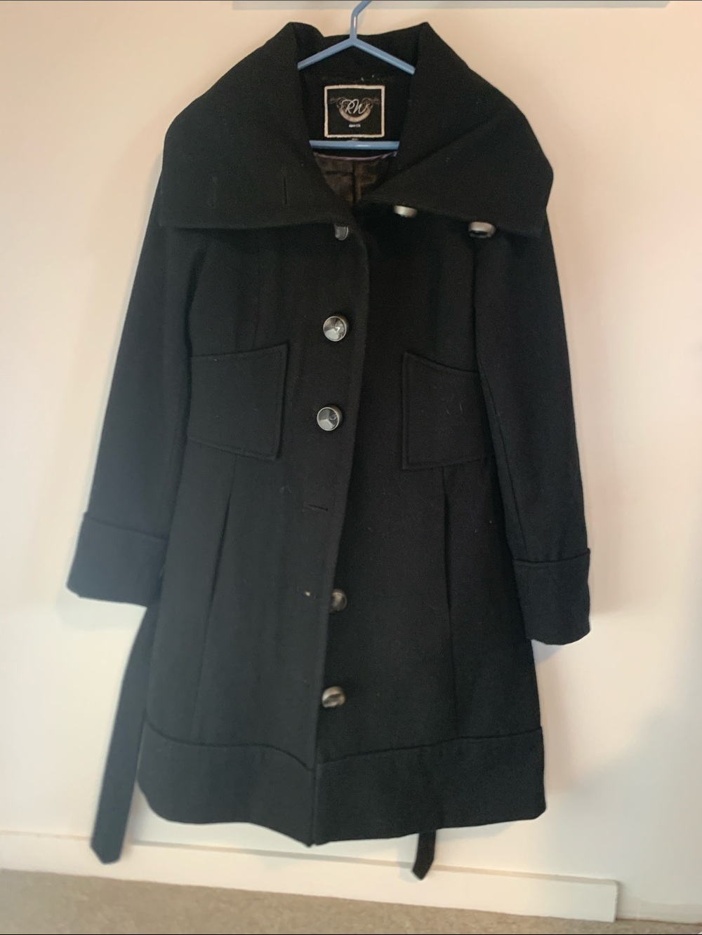 RW&CO. Black Wool-Blend Trench Coat with Wide Collar